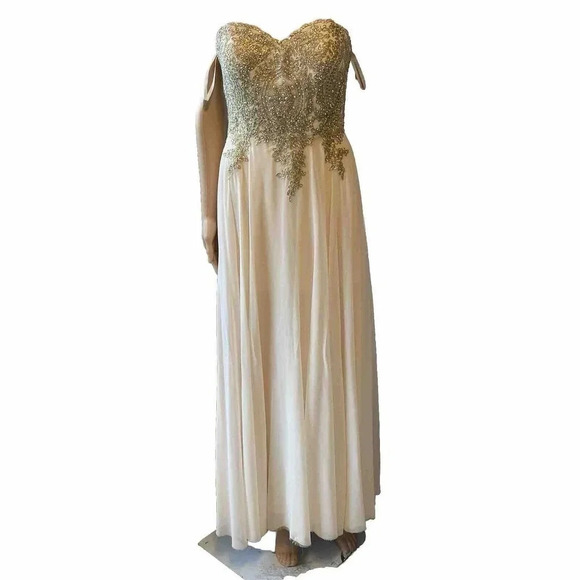 LENOVIA USA PROM DRESS Evening Gown Party Ivory Gold Lace Gemstone Midi Lady S - Picture 2 of 10
